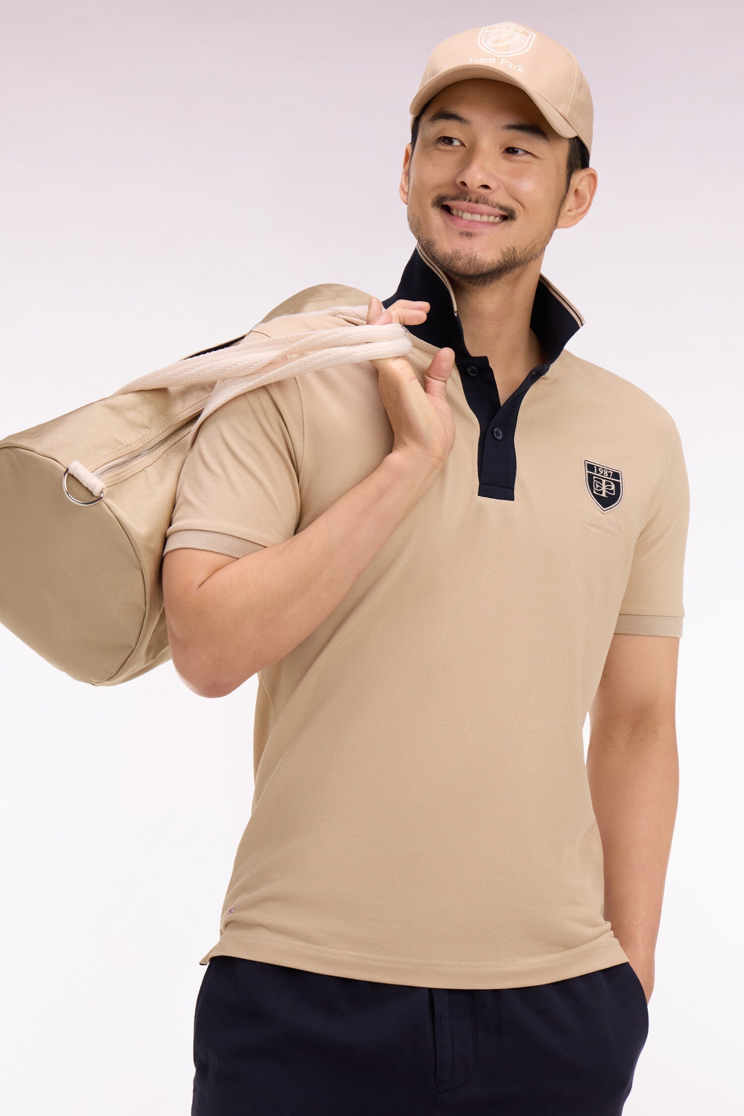 Polo à manches courtes en piqué coton beige écusson Eden Park