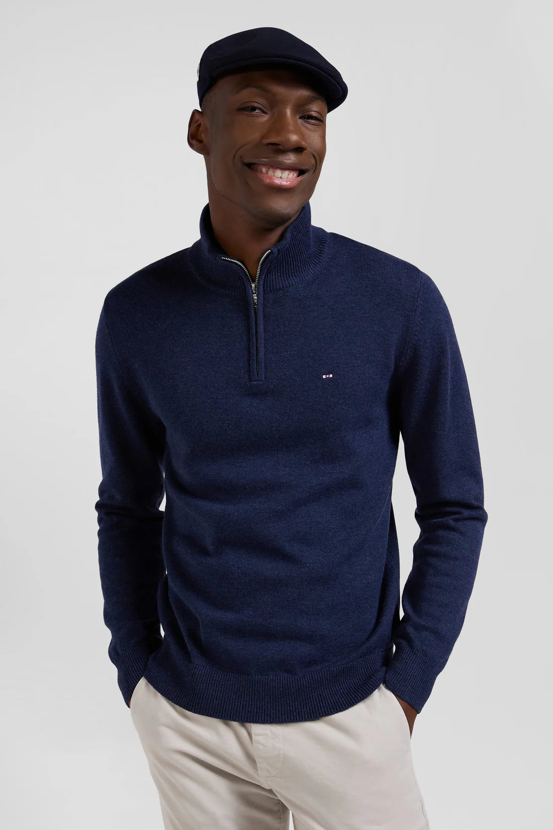 Pull col camionneur zippé en laine et coton bleu foncé EDEN PARK