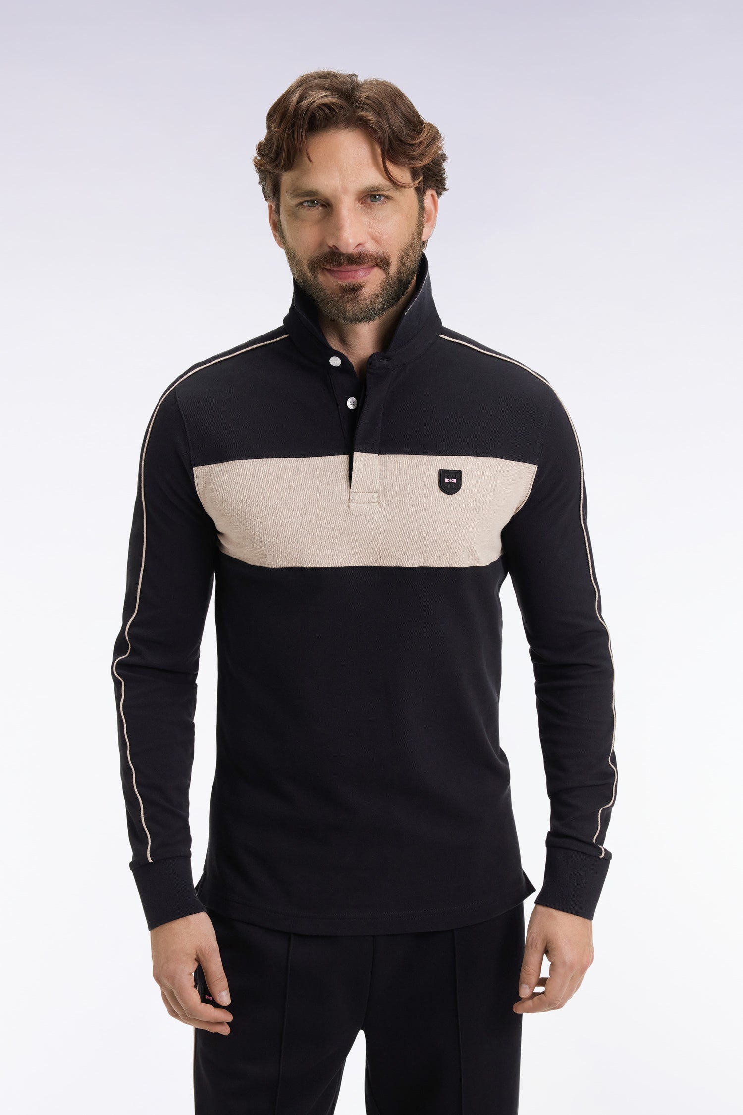 Polo tricolore à manches longues en coton stretch noir EDEN PARK