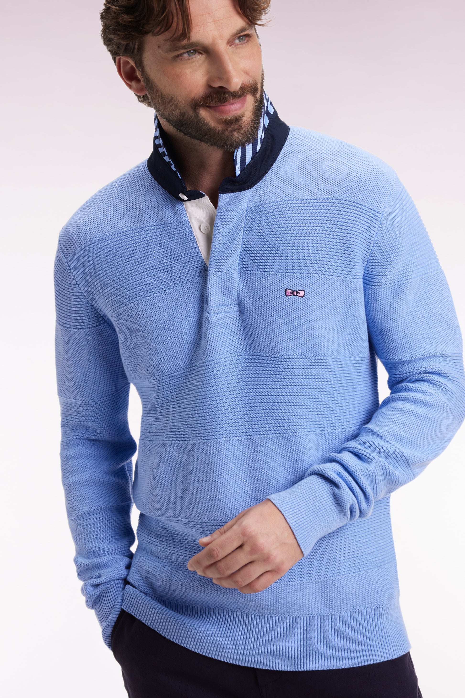 Pull col maillot en coton ciel à effet de rayure EDEN PARK