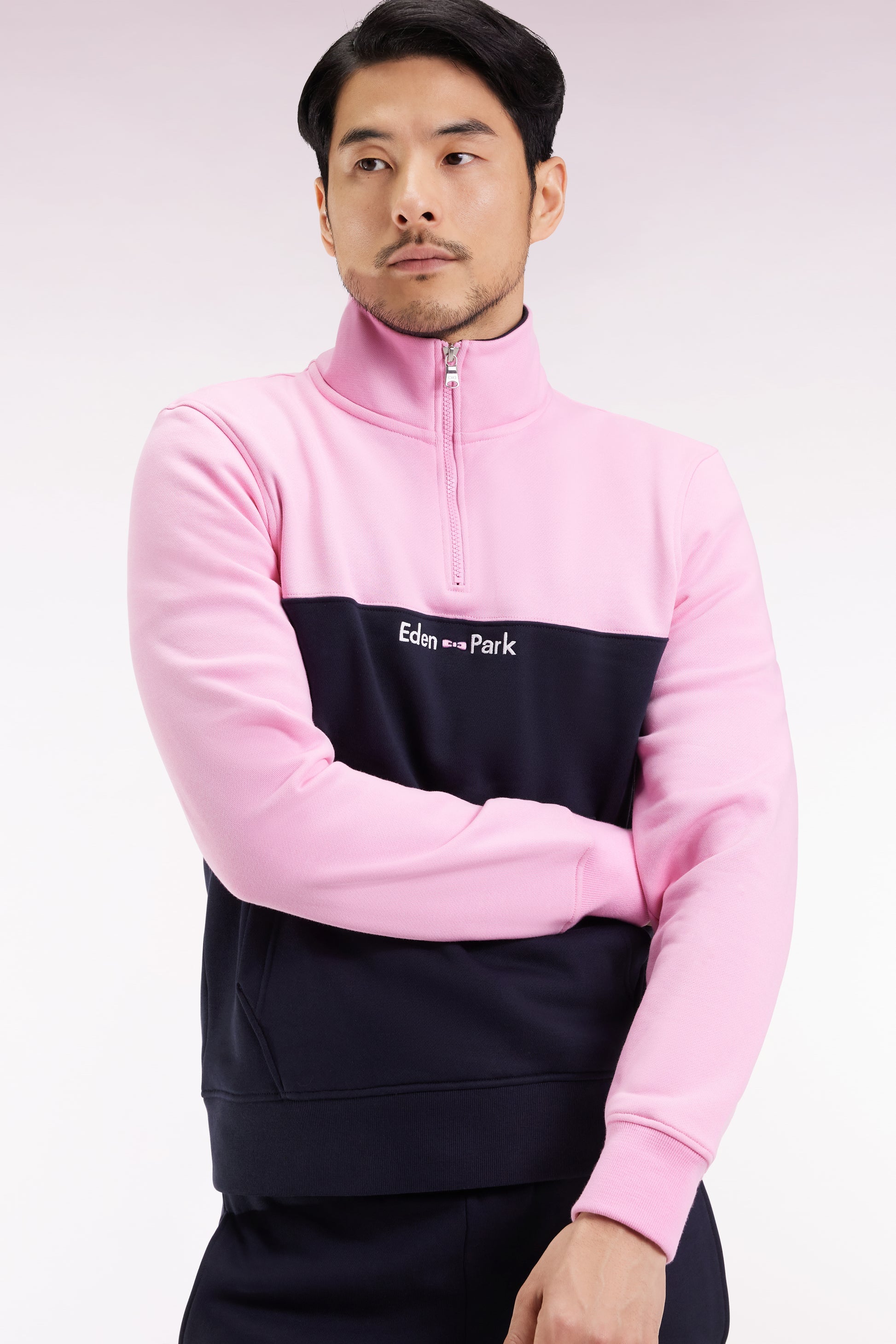 Sweatshirt col camionneur en molleton bicolore rose EDEN PARK