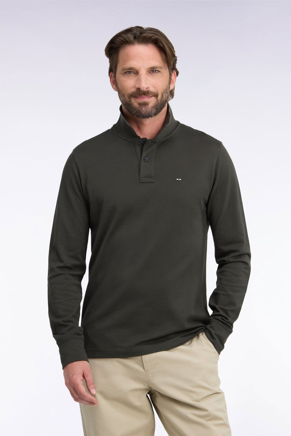 Polo manches longues en coton pima kaki coupe droite Eden Park