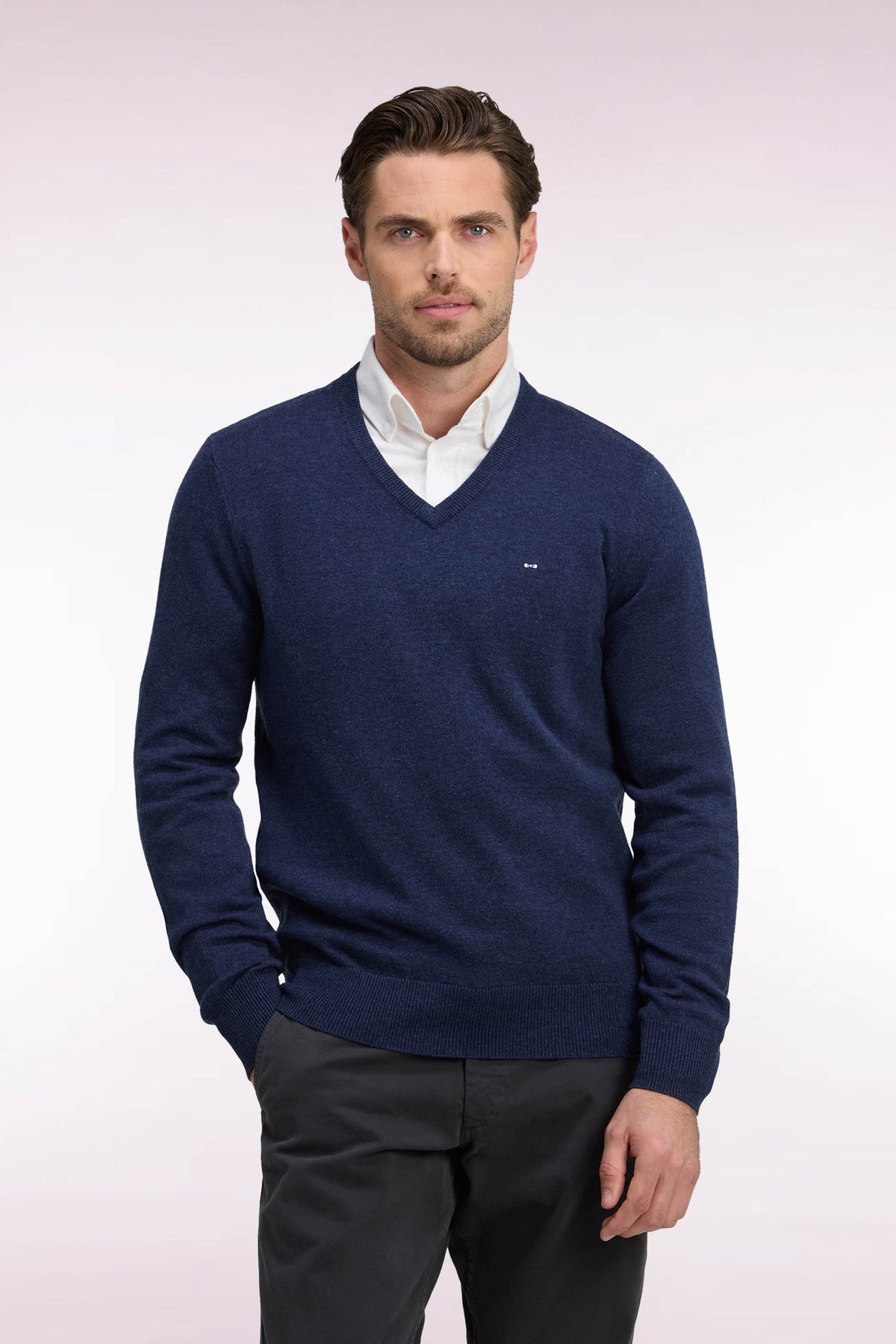 Pull col V en jersey bleu laine & coton Eden Park