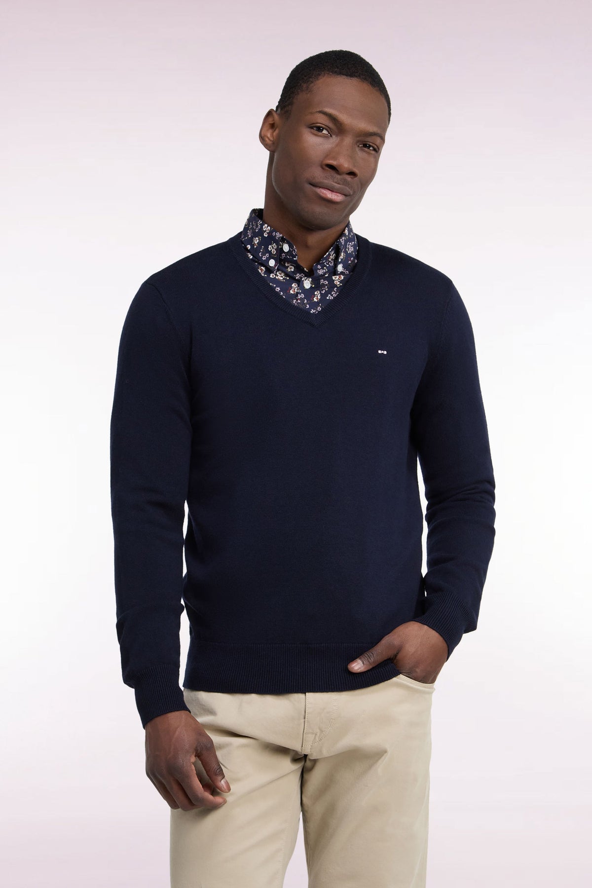 Pull col V marine en jersey laine & coton Eden Park