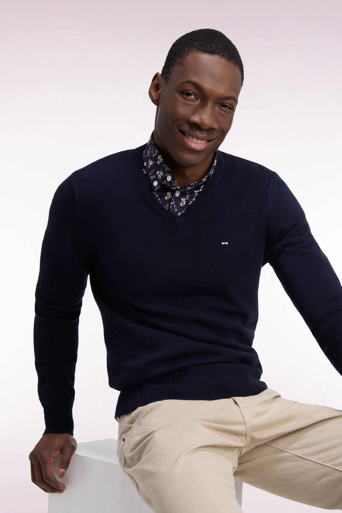 Pull col V marine en jersey laine & coton Eden Park
