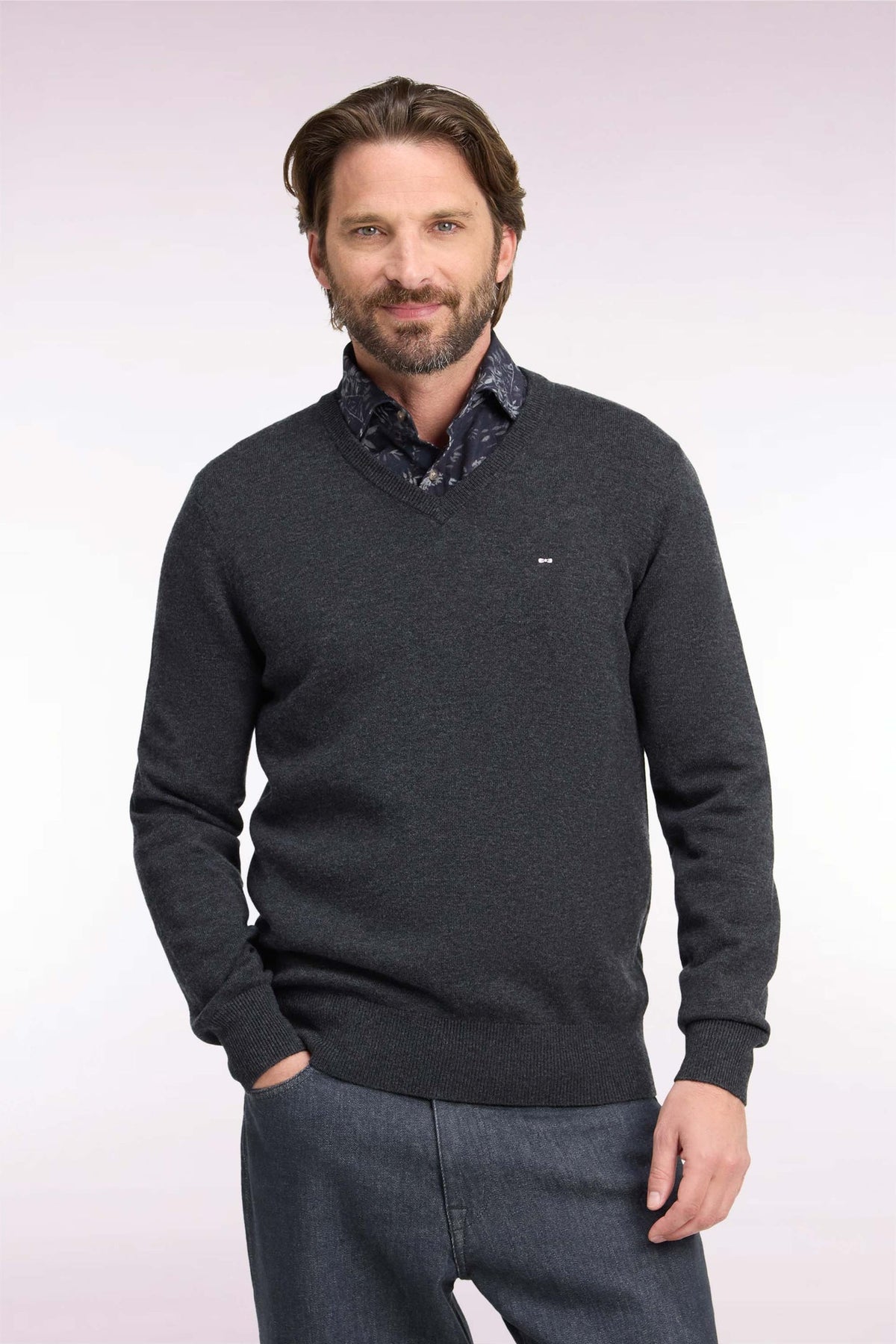 Pull col V anthracite en jersey laine & coton Eden Park
