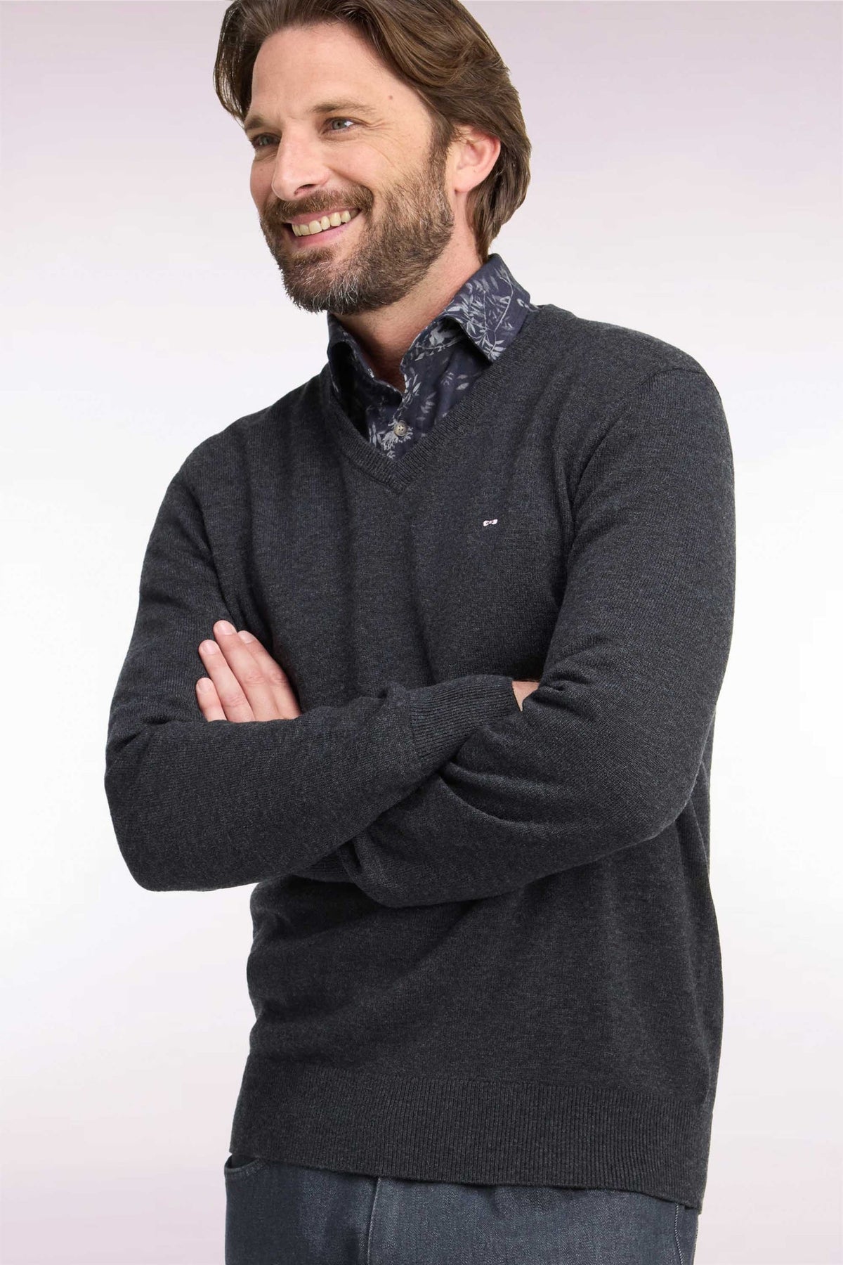 Pull col V anthracite en jersey laine & coton Eden Park