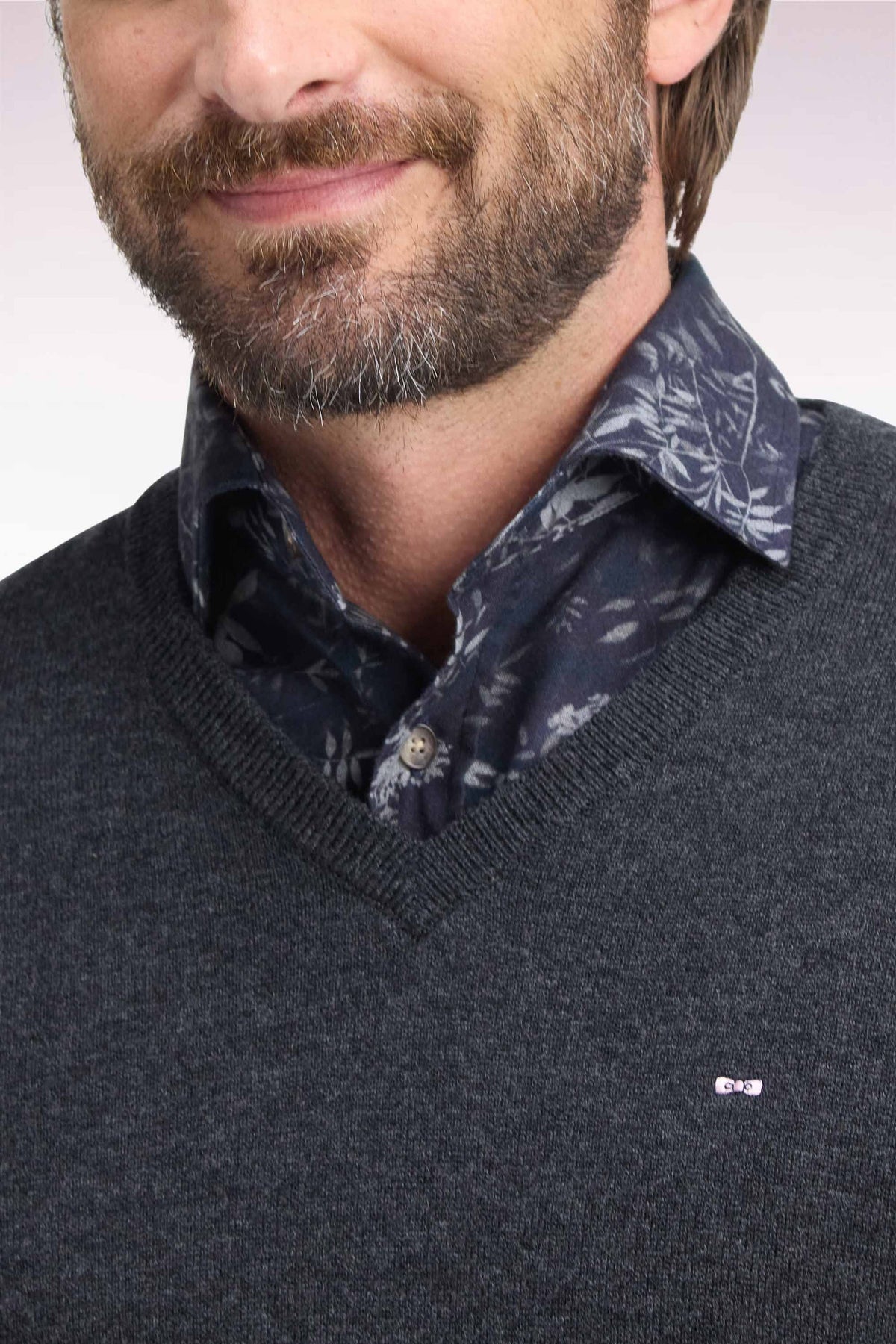 Pull col V anthracite en jersey laine & coton Eden Park