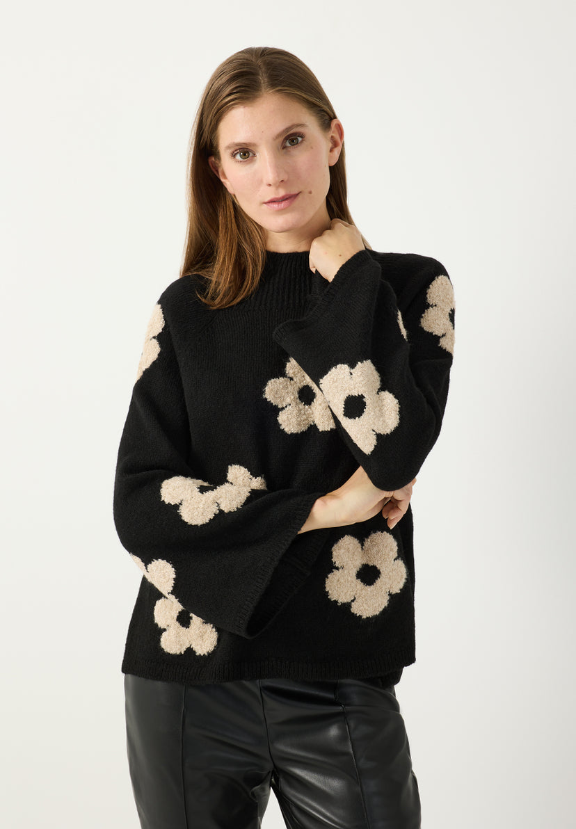 Pull en maille à grands motifs floraux noir More & More