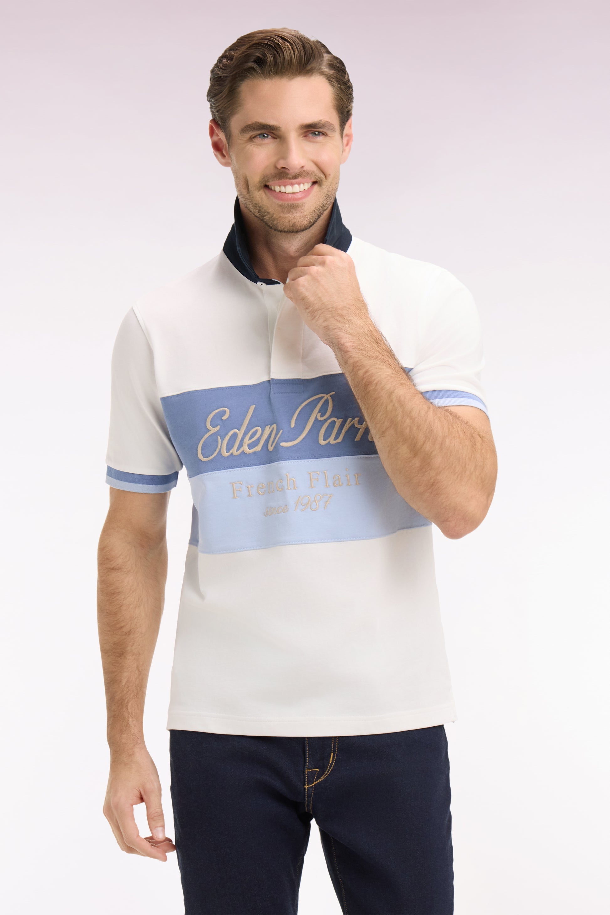 Polo à manches courtes écru à découpes pastel et broderie EDEN PARK