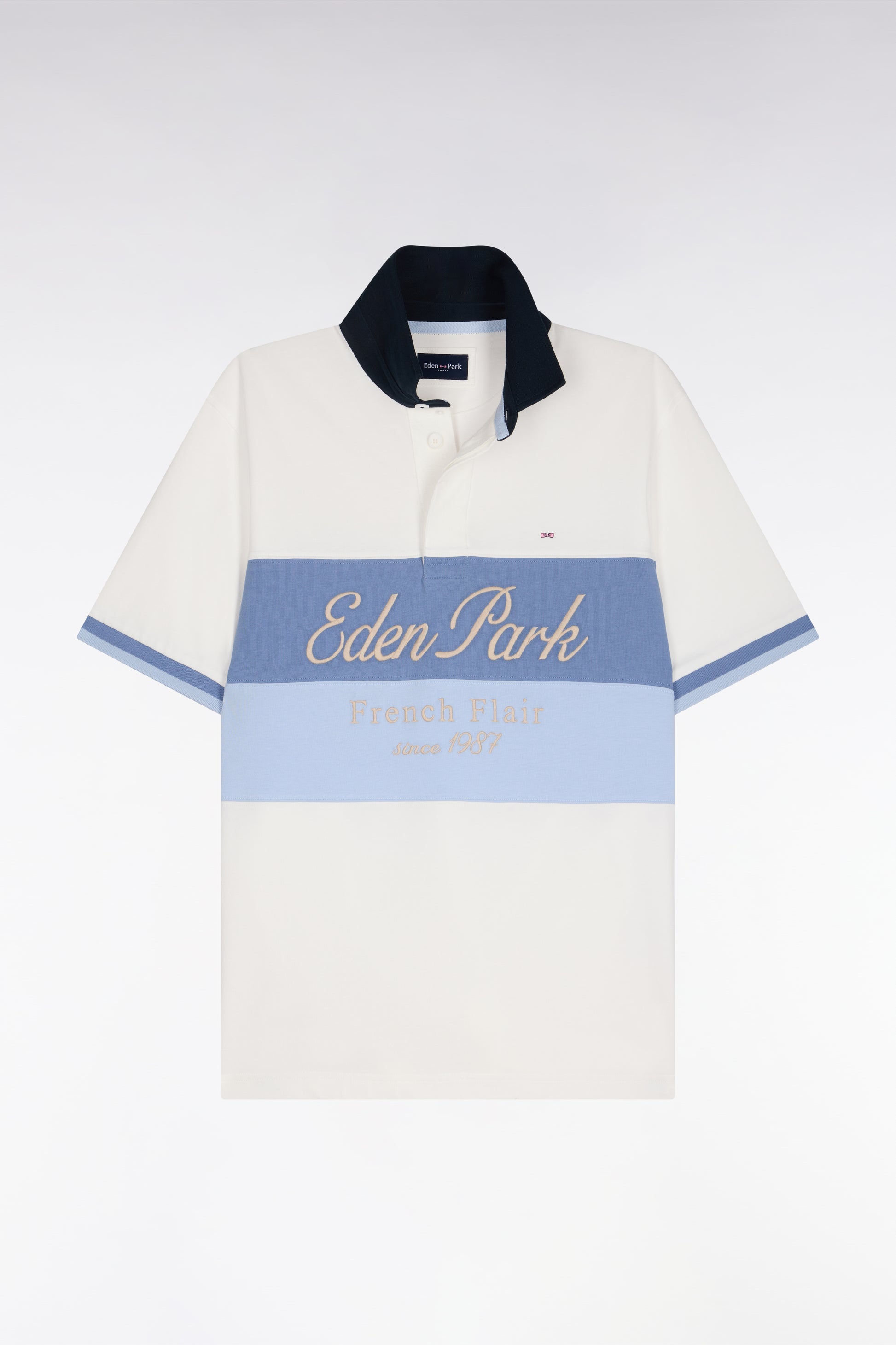 Polo à manches courtes écru à découpes pastel et broderie EDEN PARK