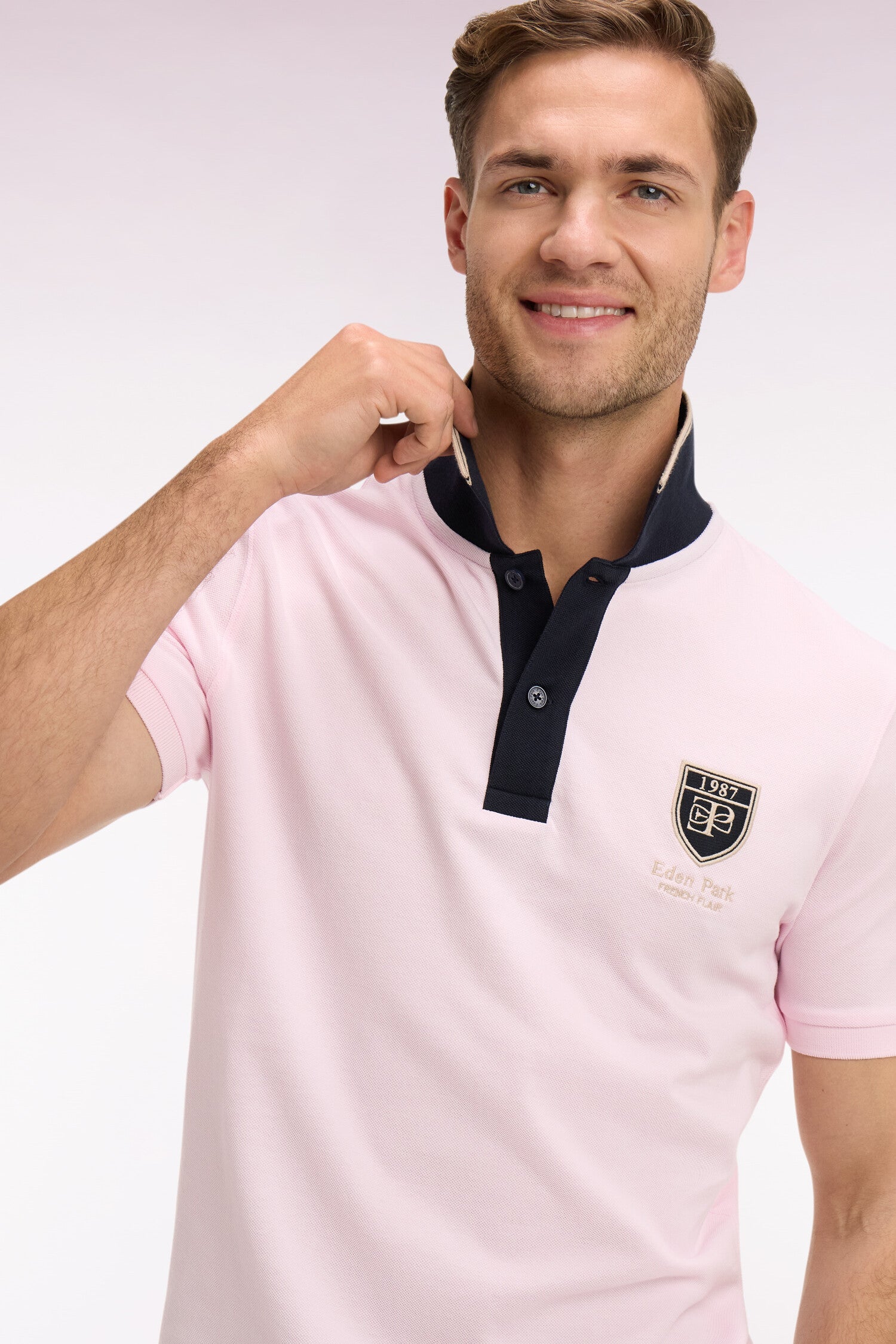 Polo à manches courtes en piqué coton rose écusson Eden Park