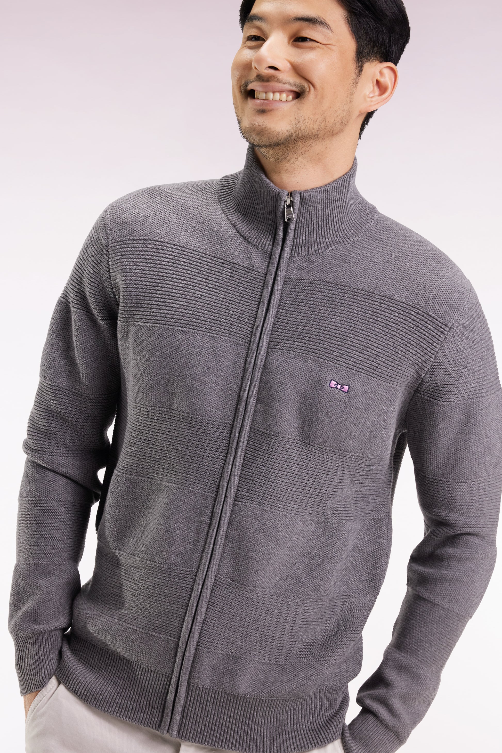 Cardigan zippé en coton nid d'abeille gris EDEN PARK