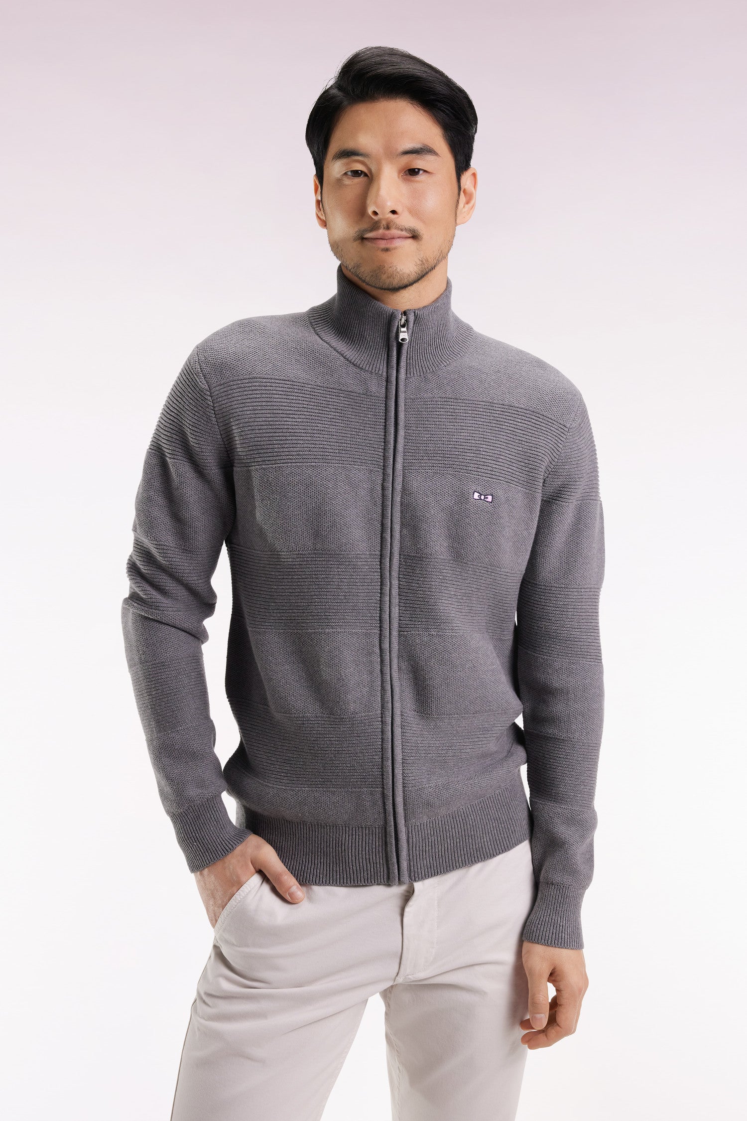 Cardigan zippé en coton nid d'abeille gris EDEN PARK