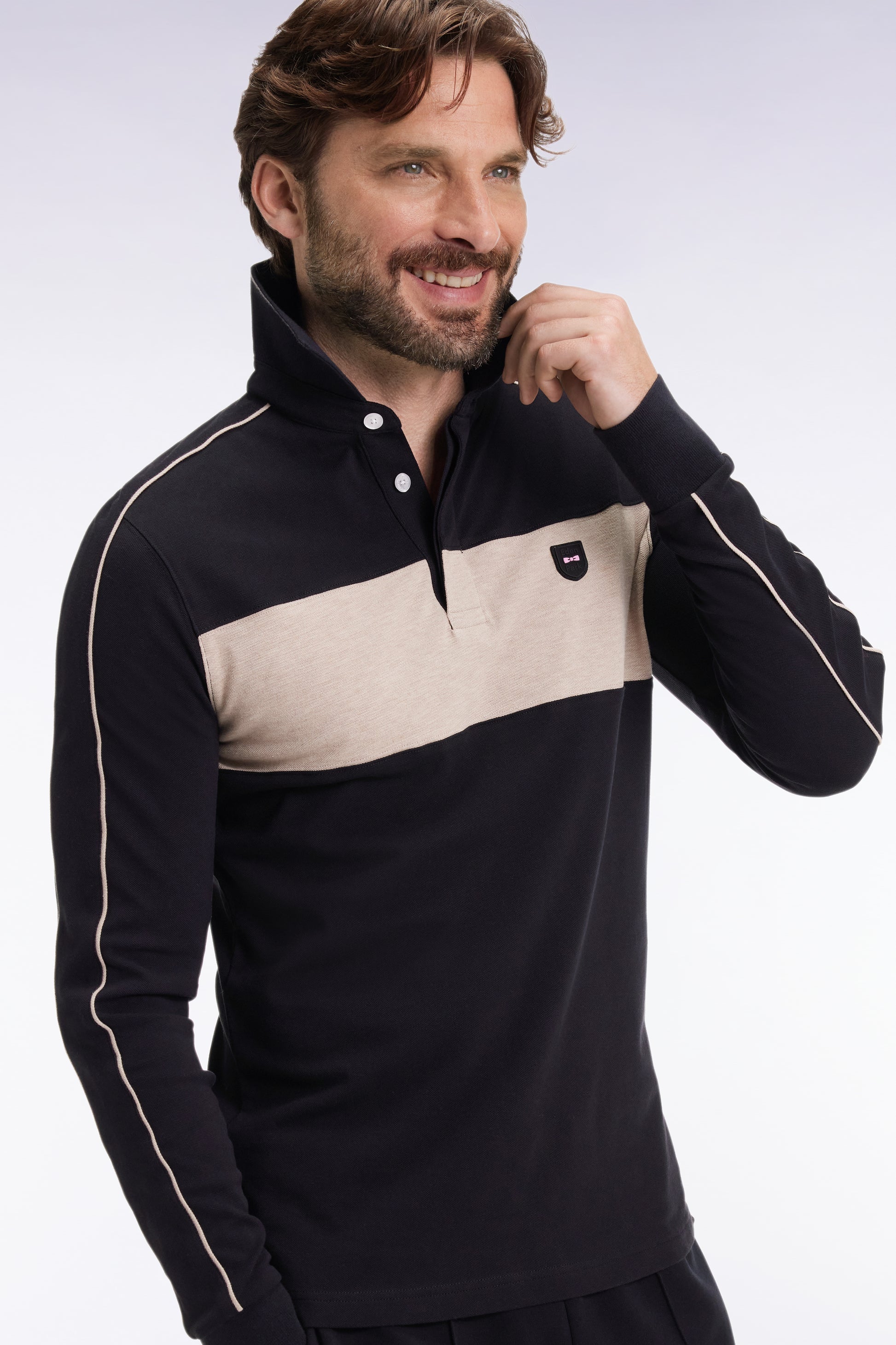 Polo tricolore à manches longues en coton stretch noir EDEN PARK