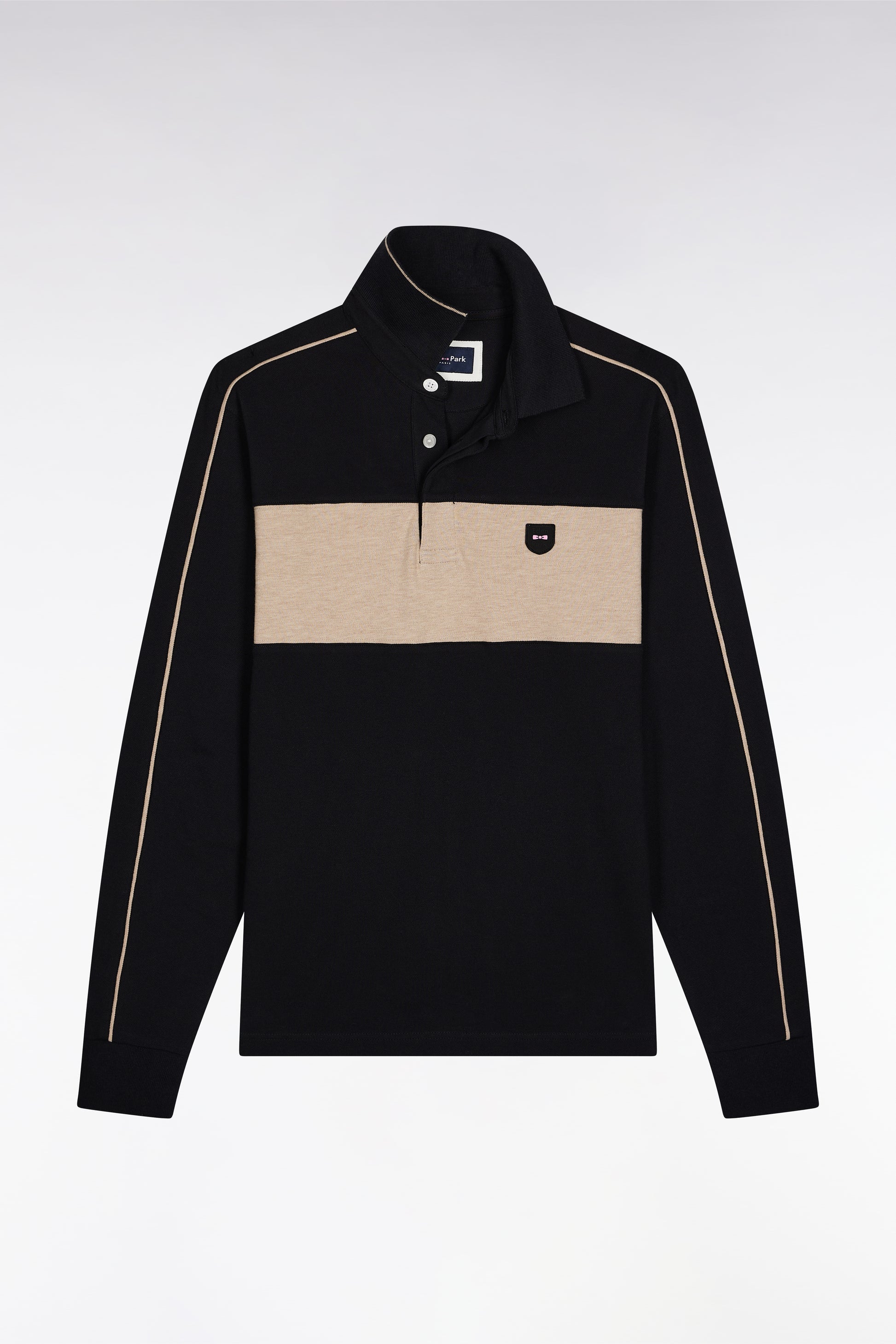 Polo tricolore à manches longues en coton stretch noir EDEN PARK