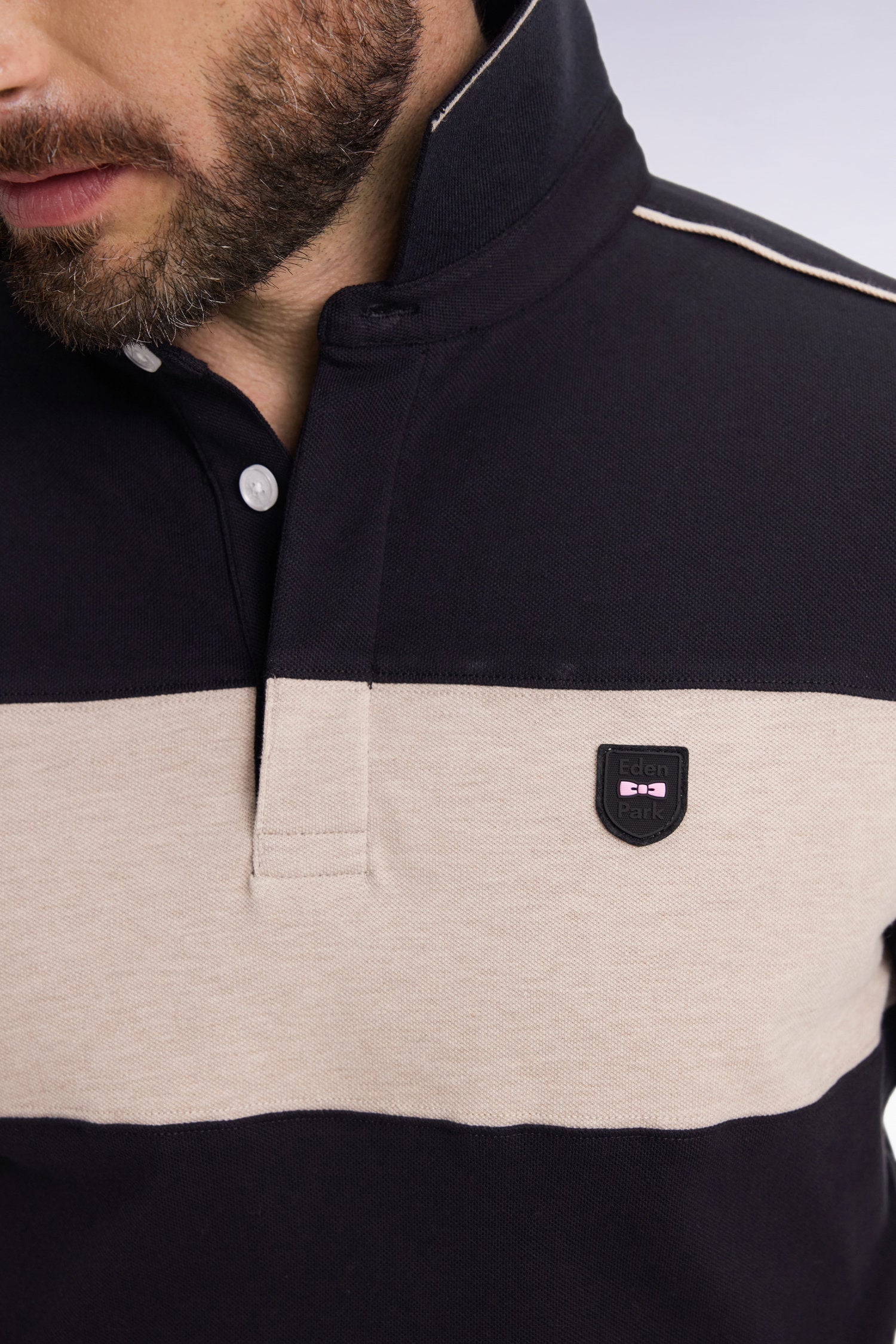 Polo tricolore à manches longues en coton stretch noir EDEN PARK