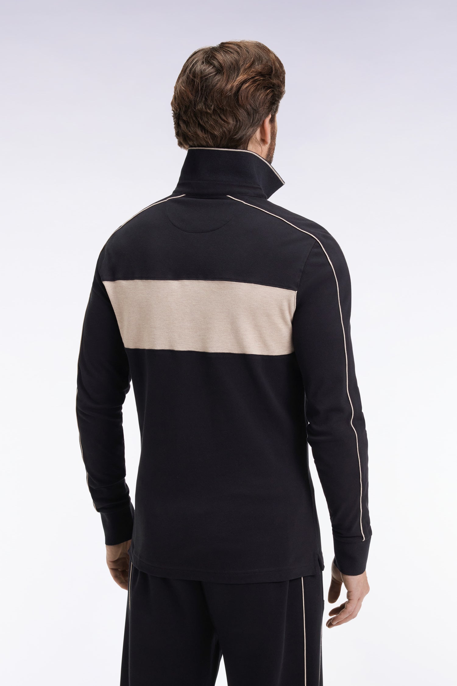 Polo tricolore à manches longues en coton stretch noir EDEN PARK