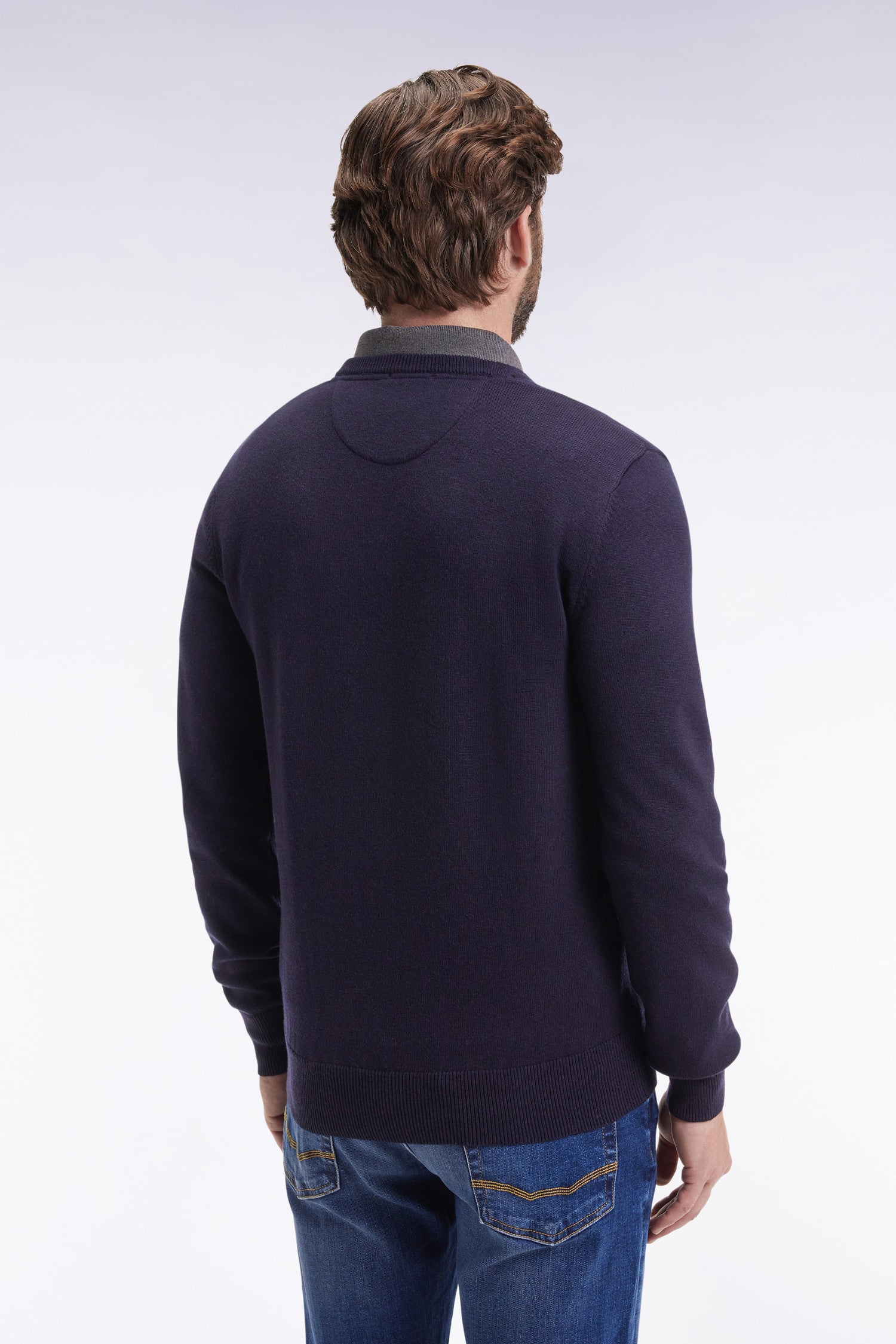 Pull col V en laine et coton bleu foncé EDEN PARK