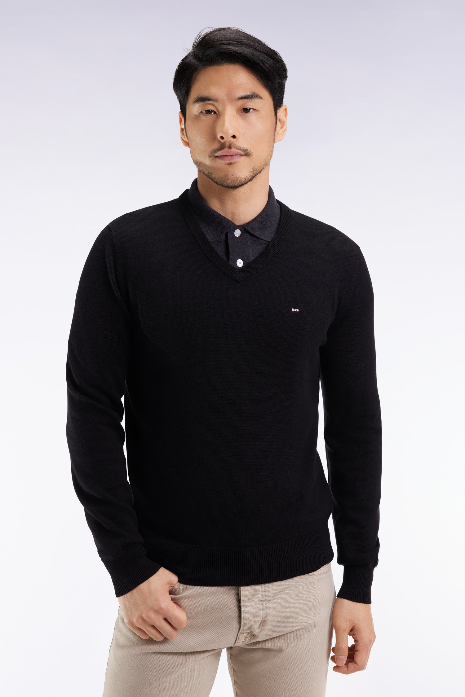Pull col V en laine et coton noir  EDEN PARK
