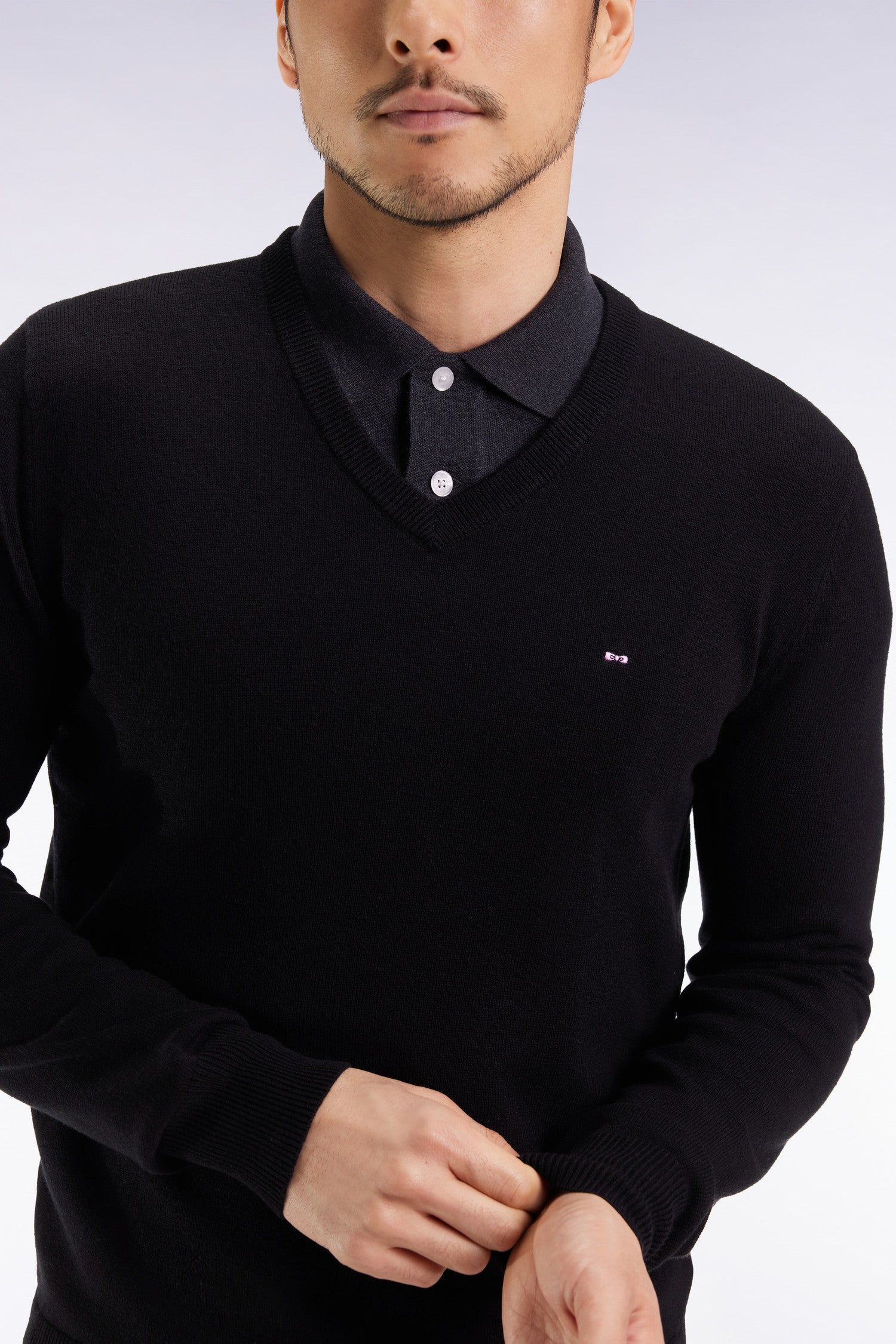 Pull col V en laine et coton noir  EDEN PARK