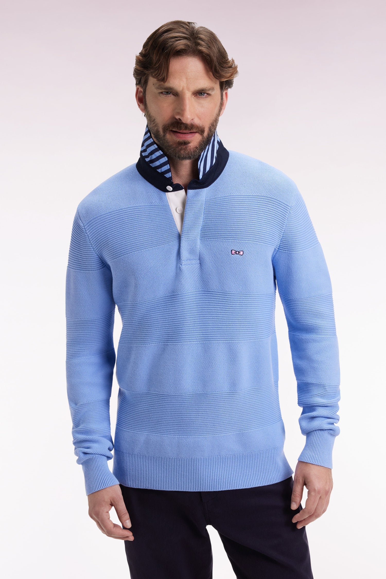 Pull col maillot en coton ciel à effet de rayure EDEN PARK