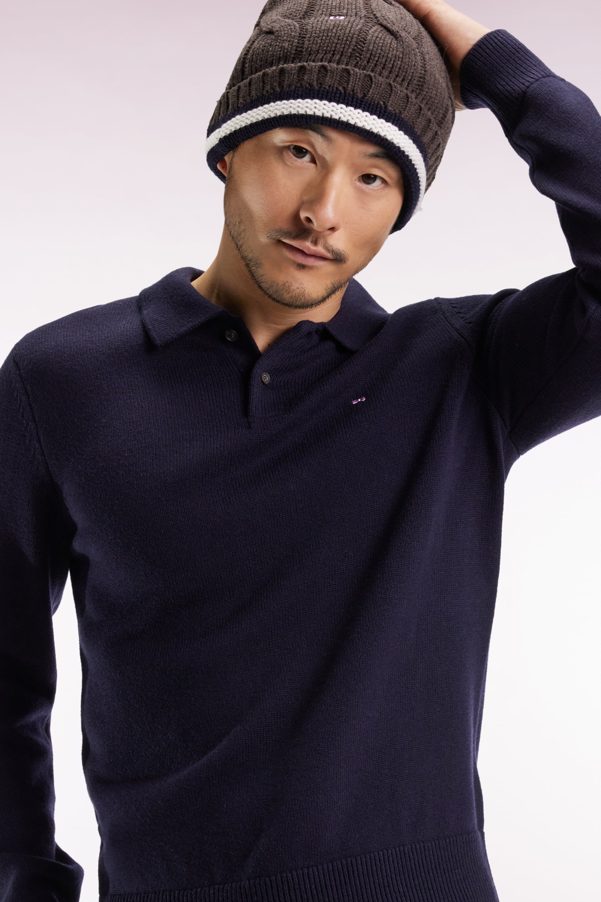 Pull col polo épais en laine et coton marine EDEN PARK