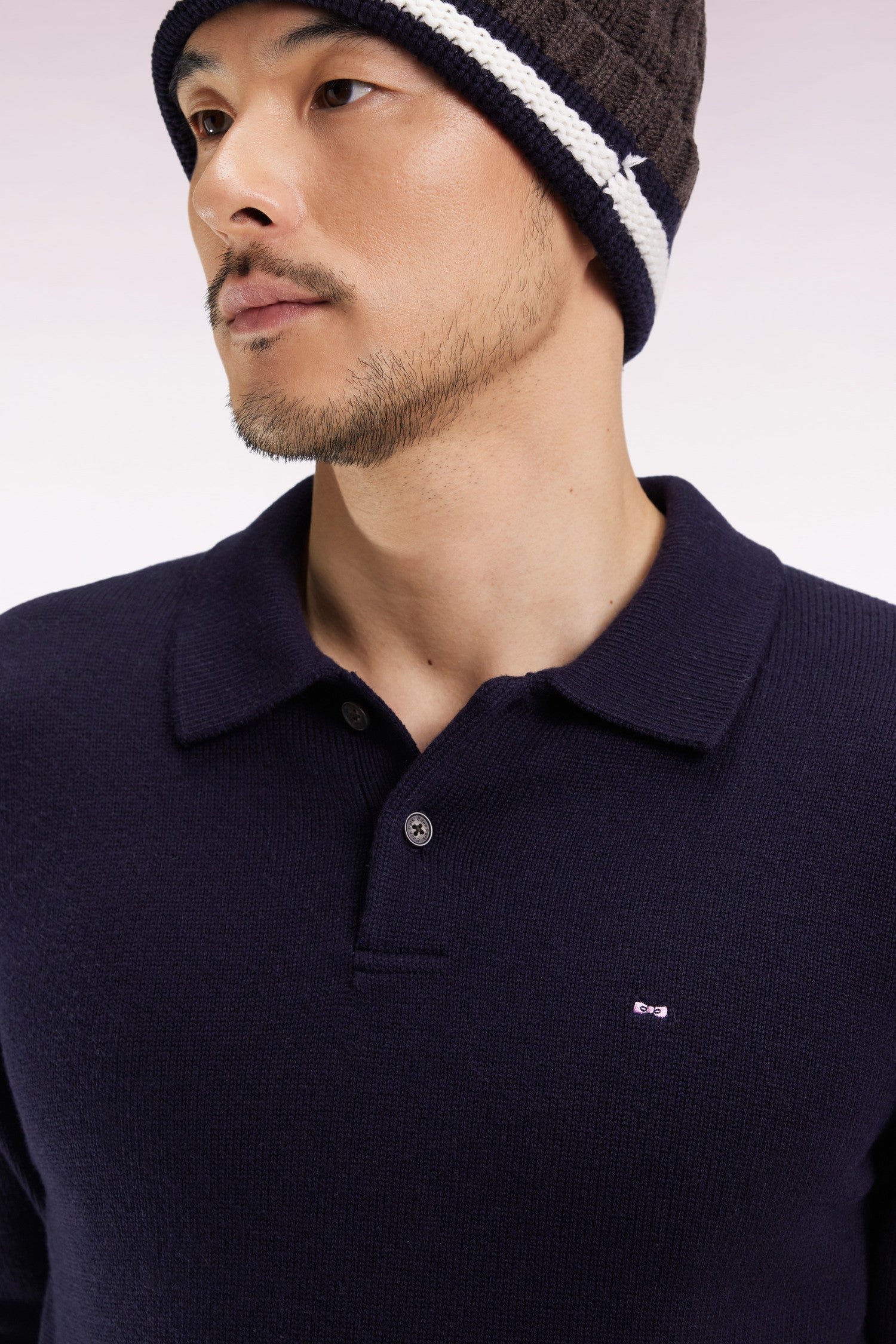 Pull col polo épais en laine et coton marine EDEN PARK