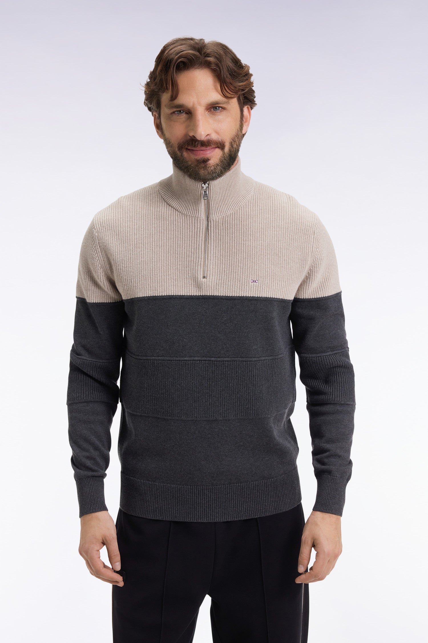 Pull col camionneur en coton gris à effet de rayure EDEN PARK