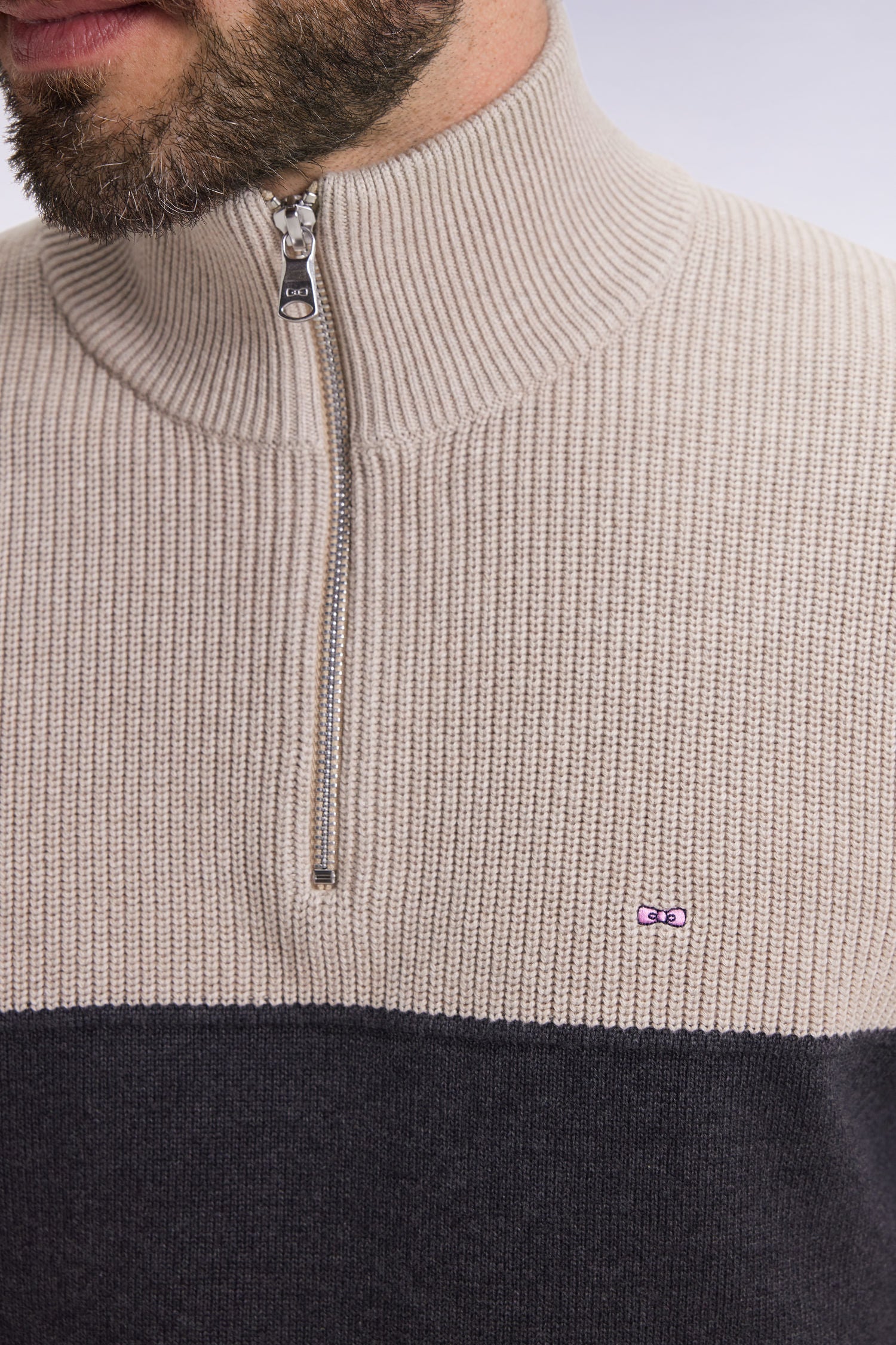 Pull col camionneur en coton gris à effet de rayure EDEN PARK