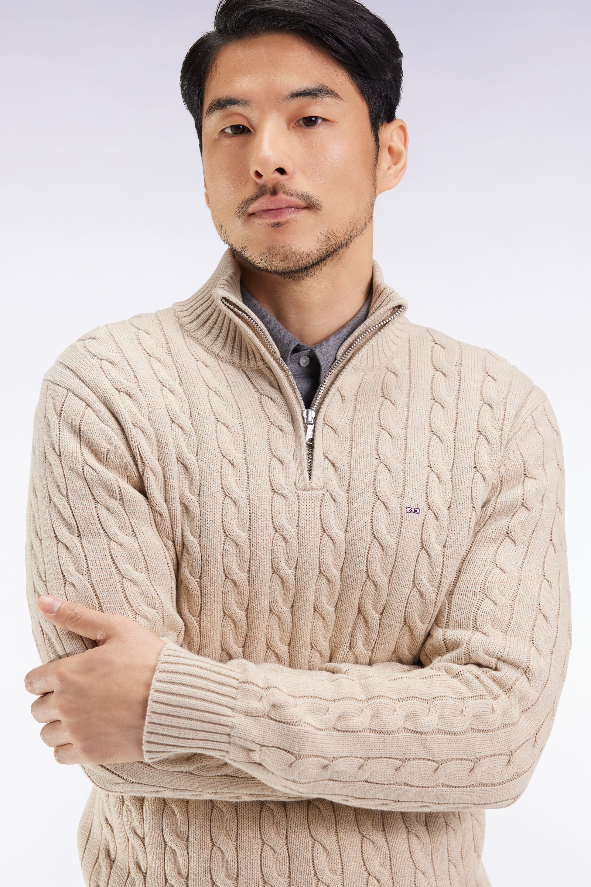 Pull col camionneur en coton torsadé beige EDEN PARK