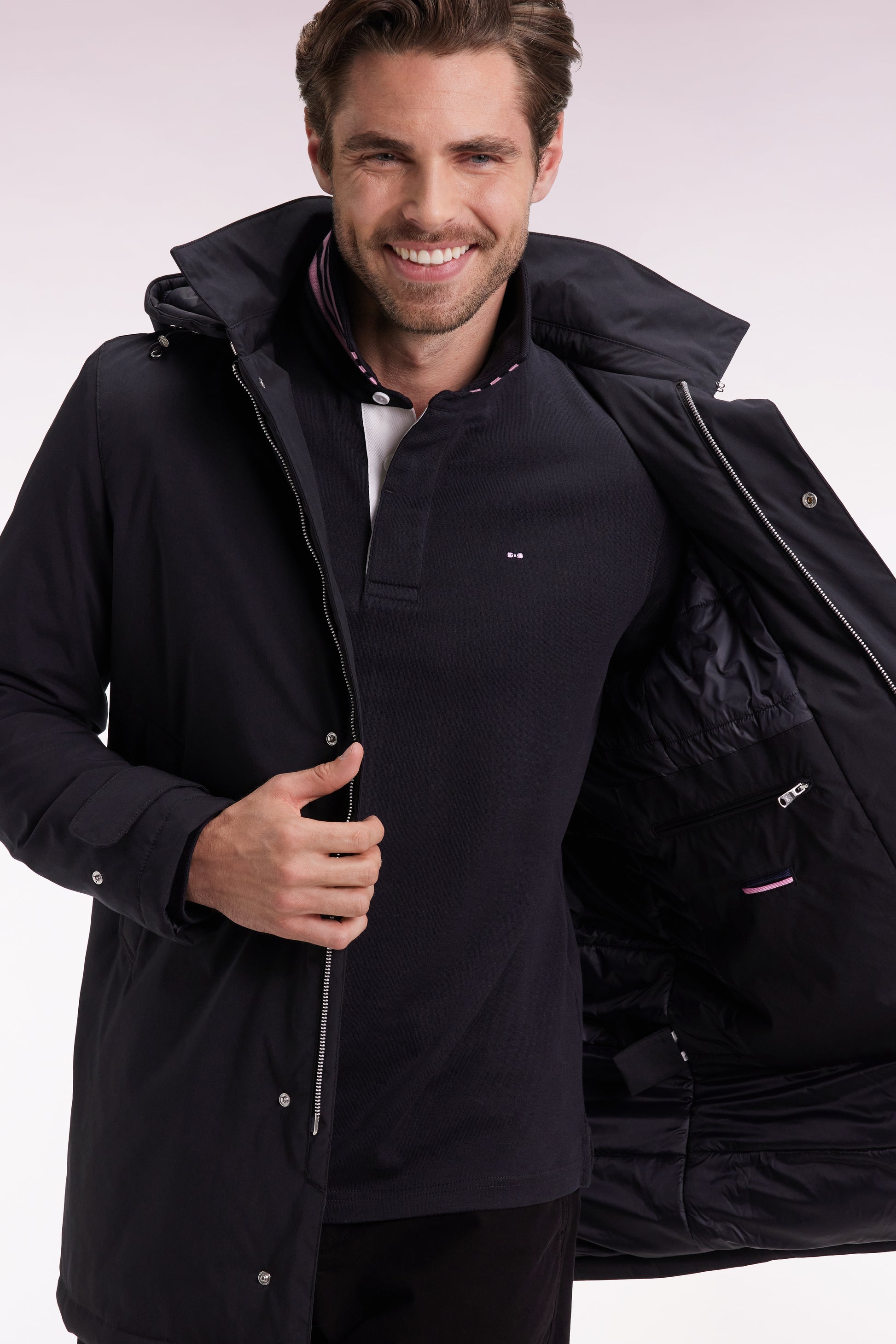 Imperméable long en nylon noir à capuche amovible EDEN PARK