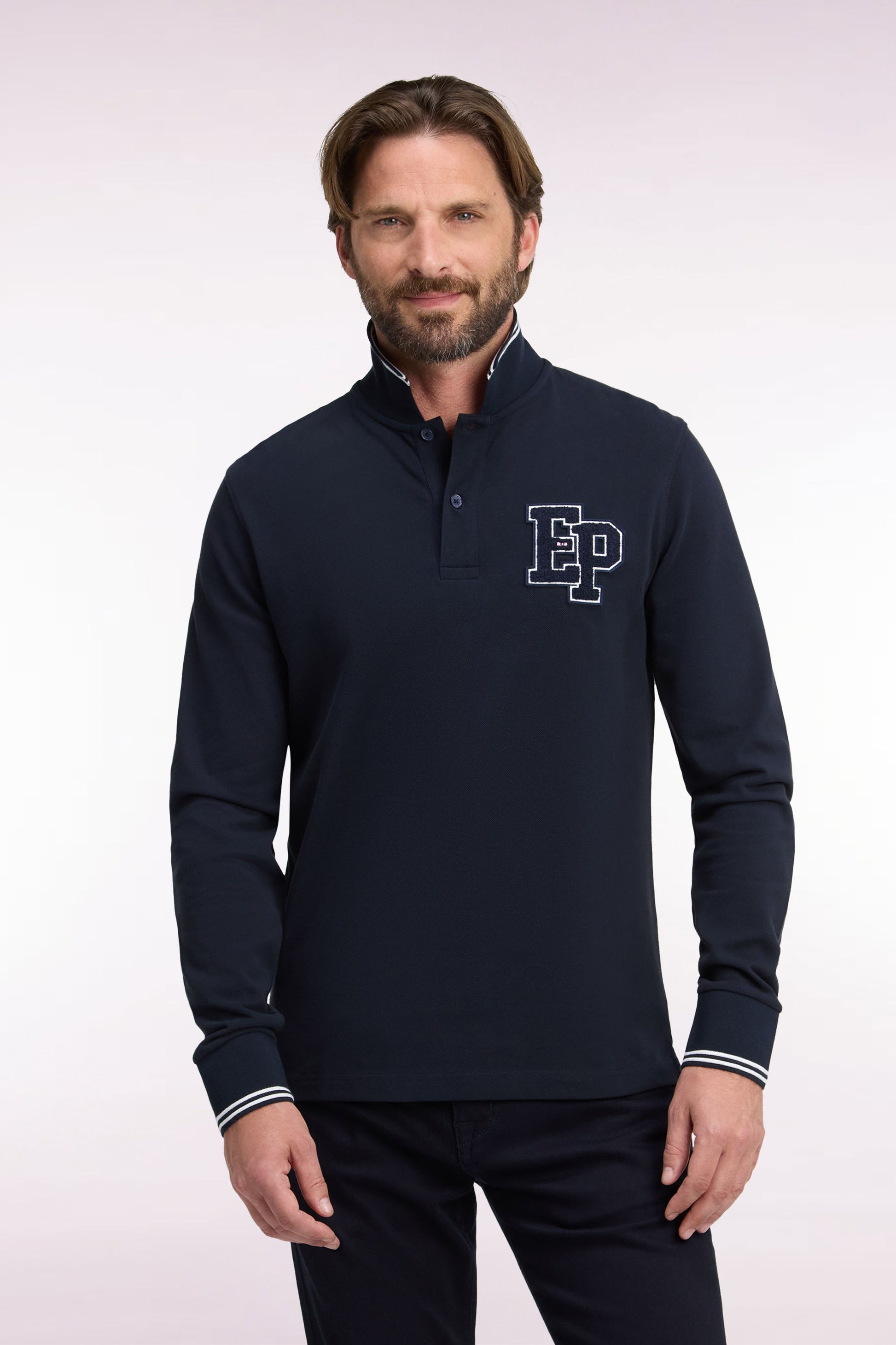 Polo manches longues en piqué de coton peigné marine coupe droite Eden Park