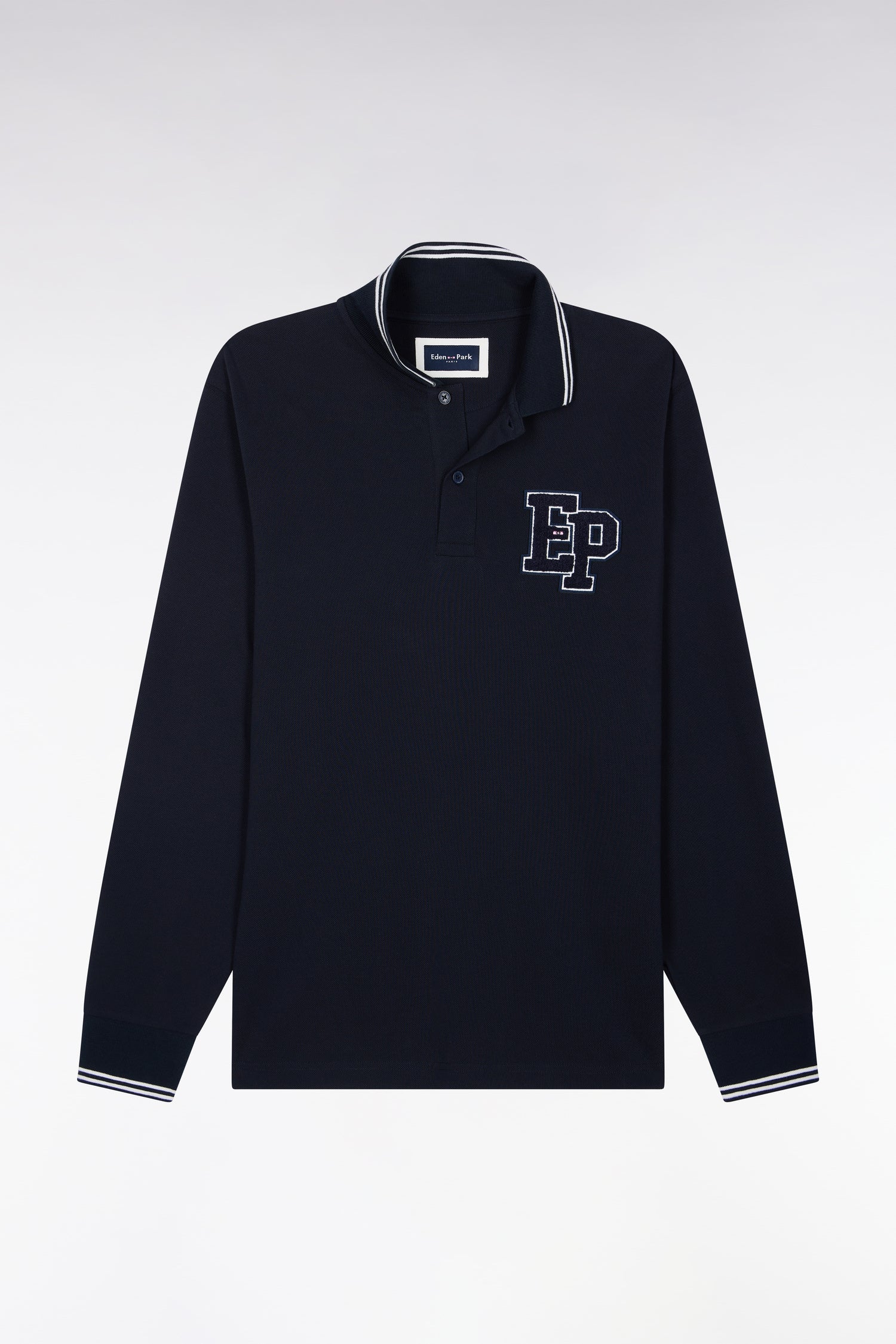 Polo manches longues en piqué de coton peigné marine coupe droite Eden Park