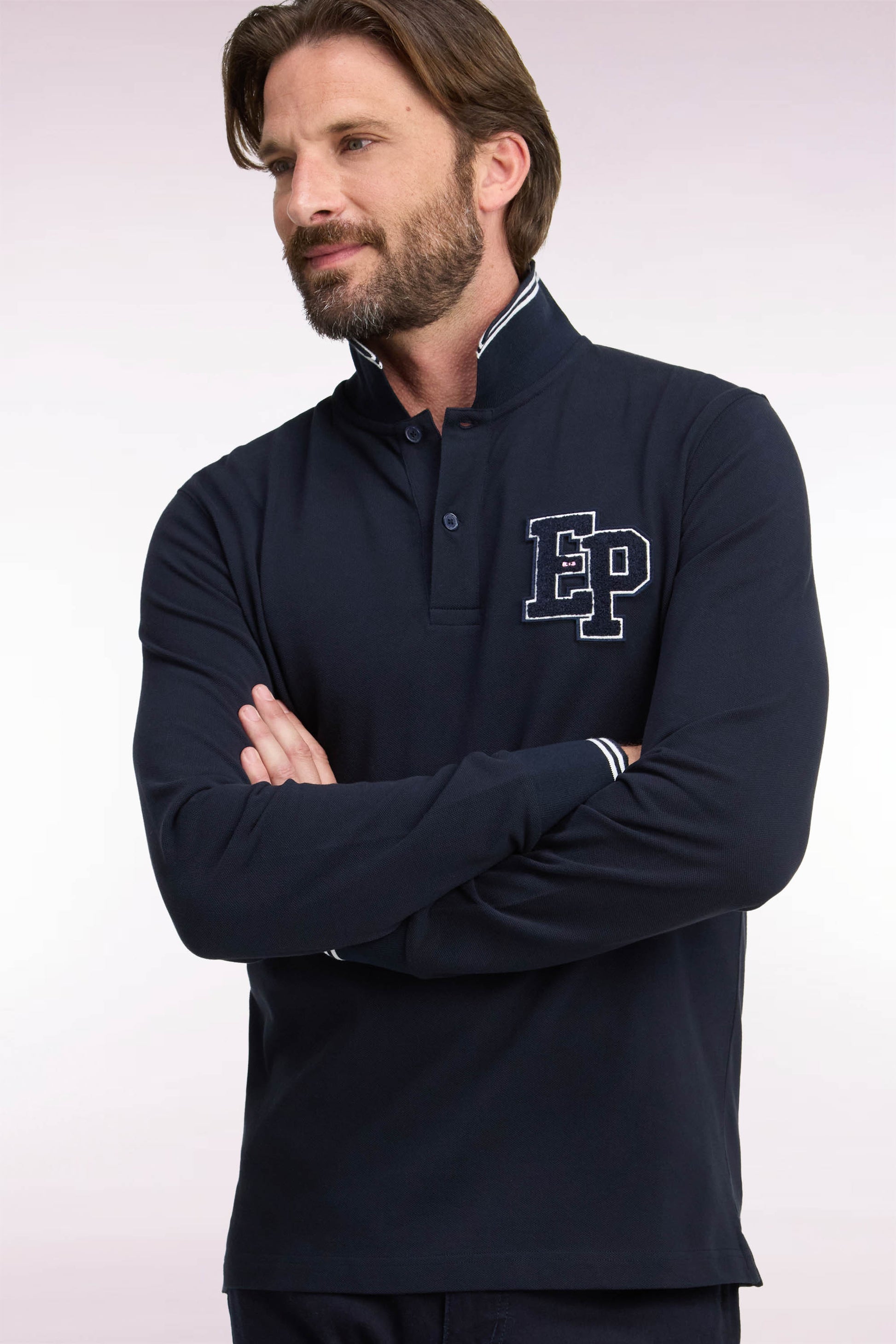 Polo manches longues en piqué de coton peigné marine coupe droite Eden Park