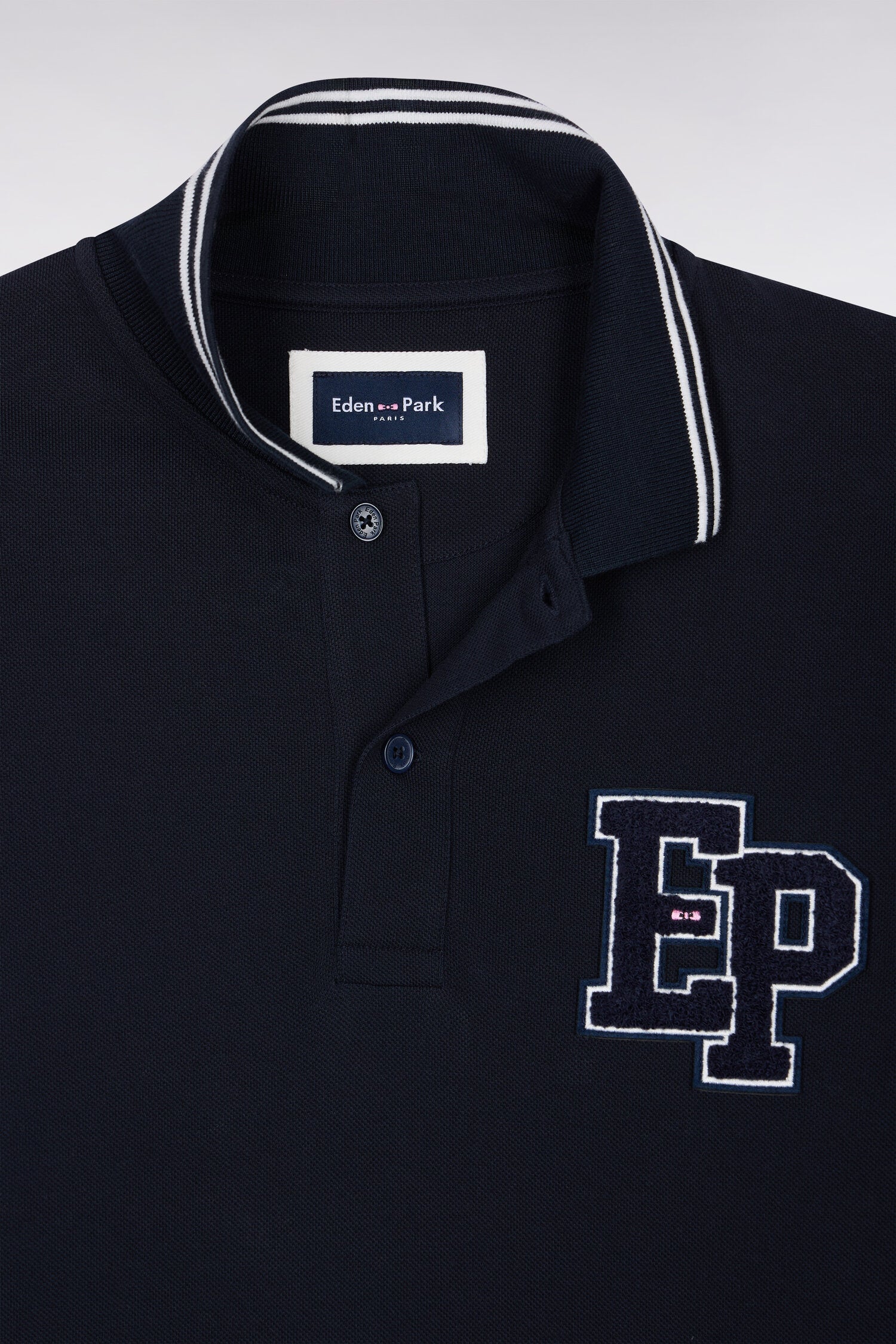 Polo manches longues en piqué de coton peigné marine coupe droite Eden Park
