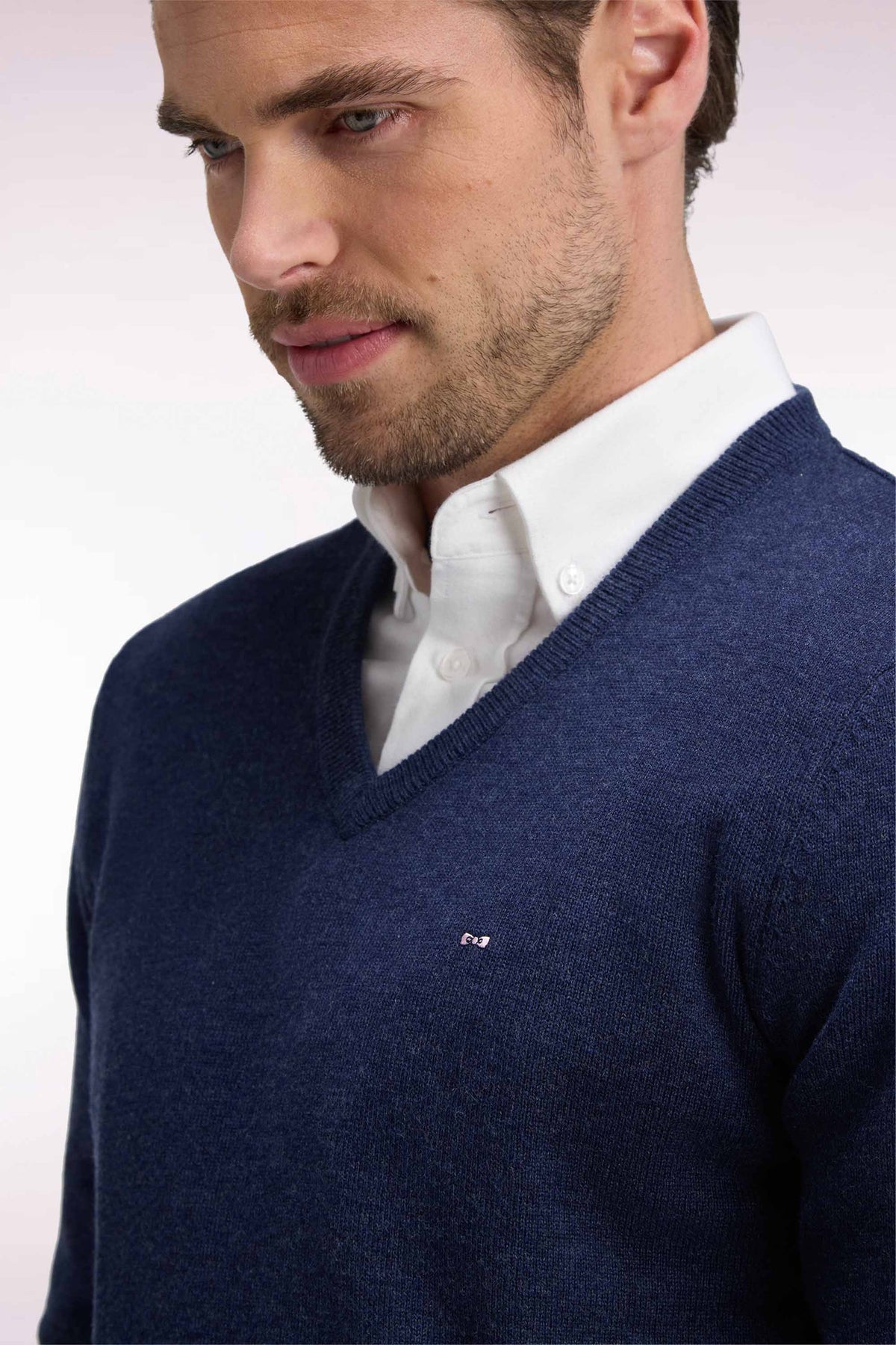 Pull col V en jersey bleu laine & coton Eden Park