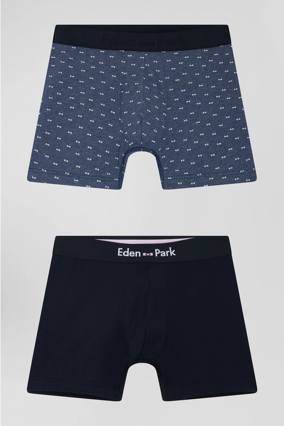 Lot de 2 boxers en coton stretch uni et micro-motifs bleu foncé EDEN PARK